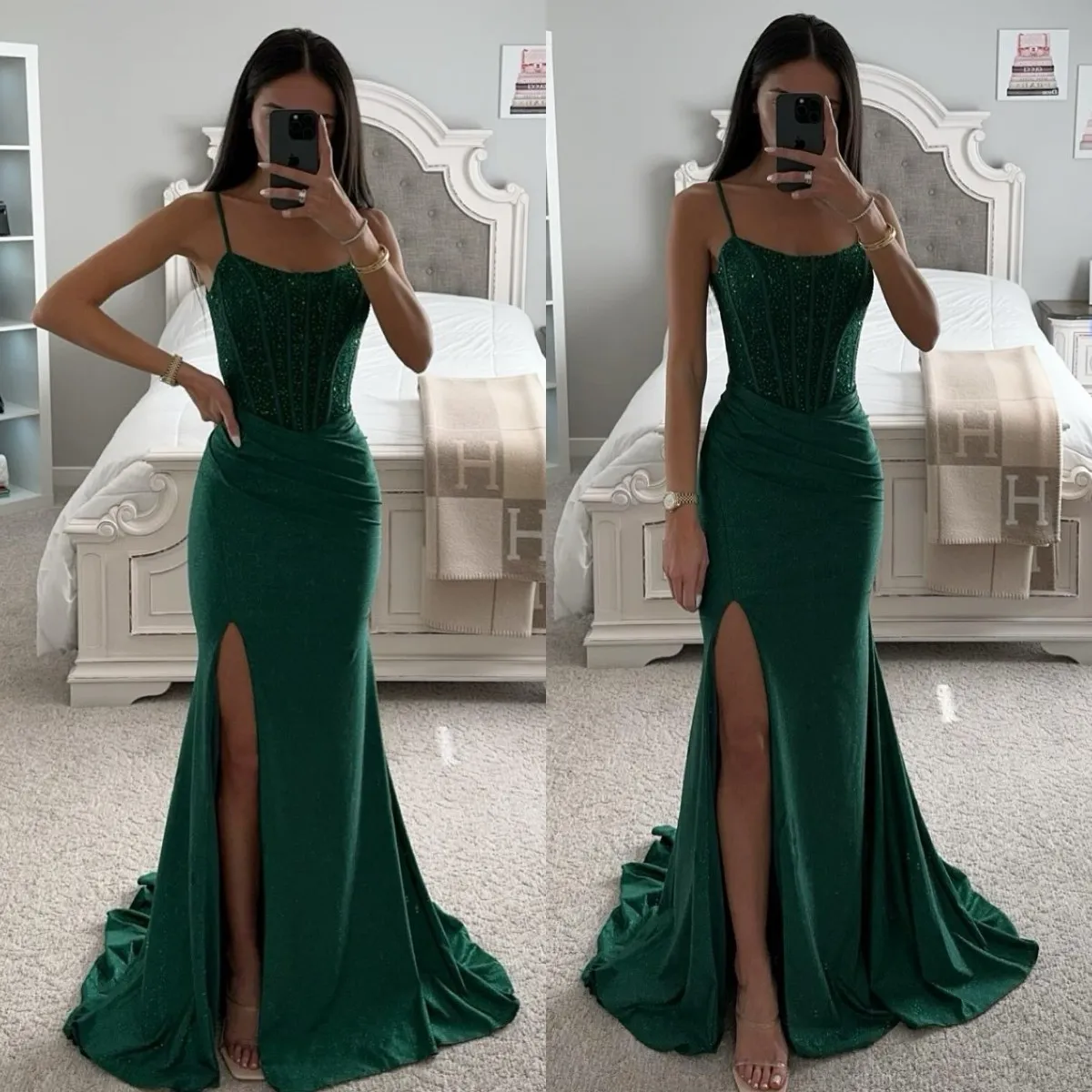Dark green mermaid prom dress sequins top straps formal evening dresses elegant pleats party gowns for special occasions split robe de soiree