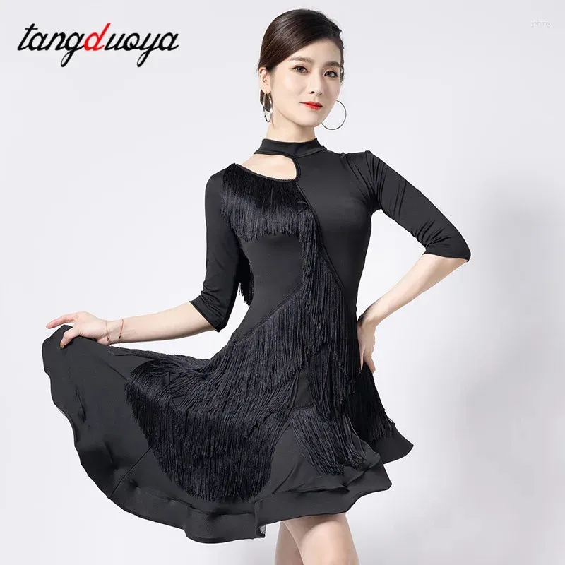 Stage Wear Hollow Out Latin Dance Dress Women Oblique Shoulder Fringed Irregular Hem Dresses Ballroom Tango ChaCha Rumba Competition Costum