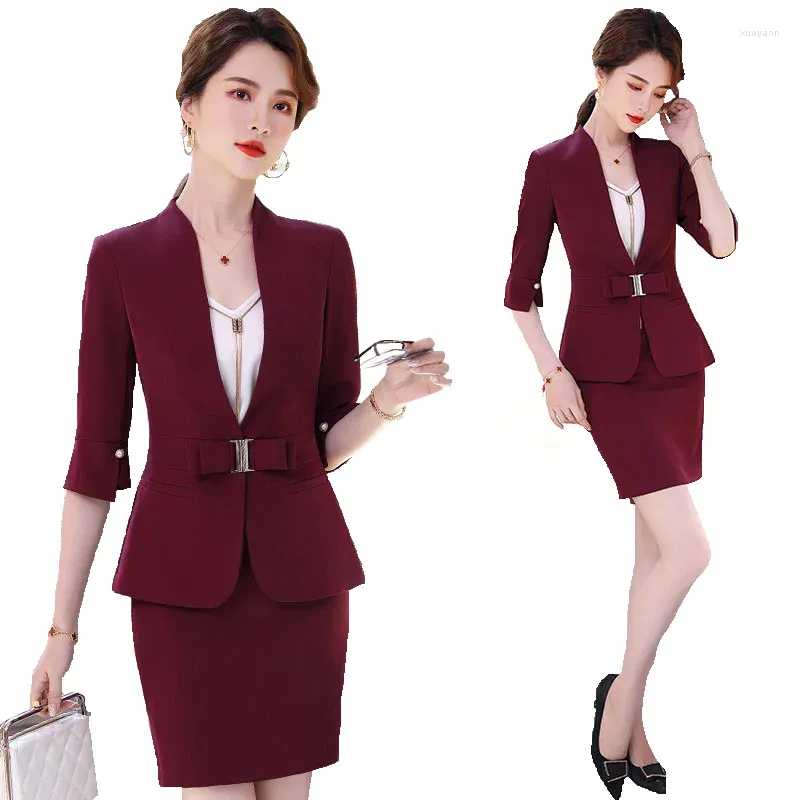 Two Piece Dress Novelty Wine Formal Ladies Office Work Wear Blazers Spring Summer Business Suits With Skirt And Jackets Coat For Women OL