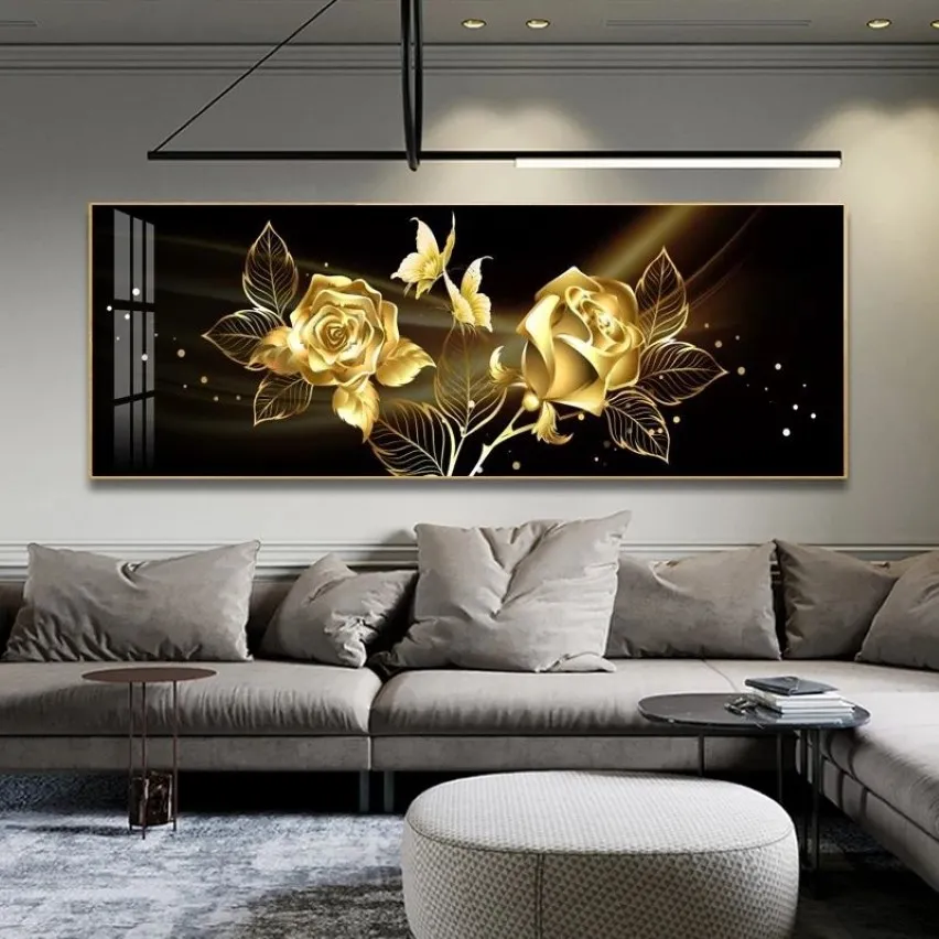 Noir doré Rose fleur papillon abstrait mur Art toile peinture affiche impression Horizonta photo pour salon chambre Decor3032
