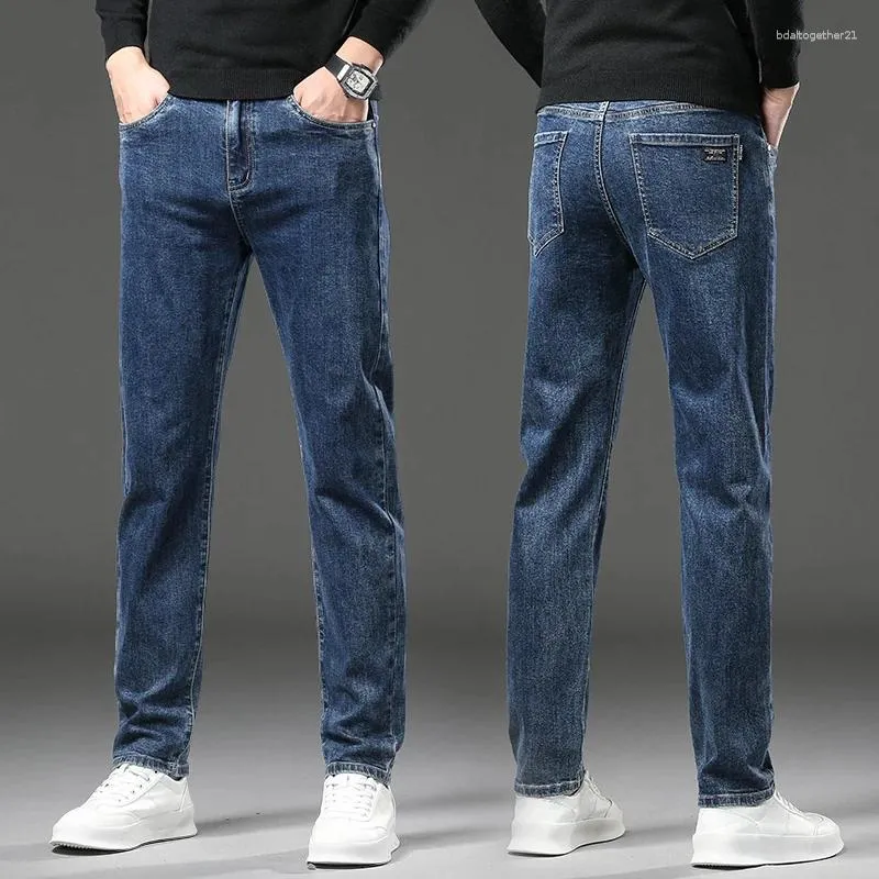 Calças de brim dos homens de negócios perna reta casual denim calças compridas fino ajuste simples homem calças clássico moda estiramento