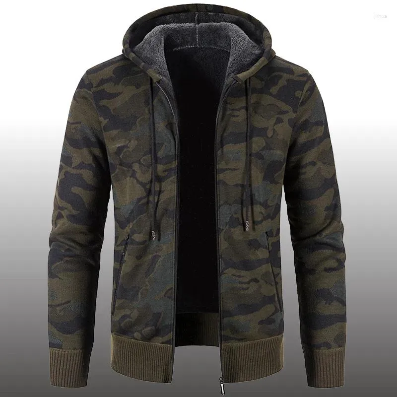 Herrtröjor vinter tihck hooded cardigan casual fleece tröjorcoat homme militärjacka manlig kamouflage toppar stickade