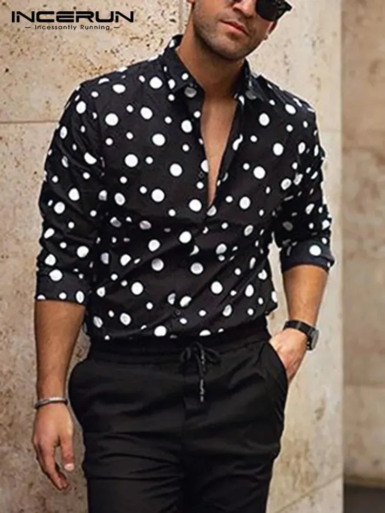 Incerun moda masculina camisa polka dot impressão lapela manga longa casual botão camisas de negócios streetwear bonito camisas S-5XL 240301