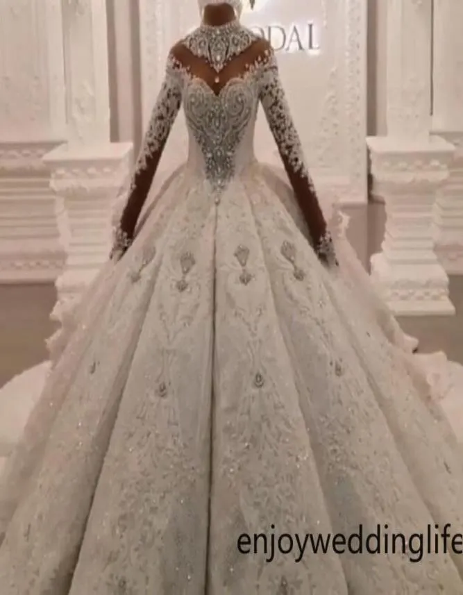 Luxurious Ball Gown Wedding Dresses 2022 Dubai Arabic High Neck Crystals Beaded 3D Lace Appliques Ruched Long Bridal Gowns Long Sl5643084