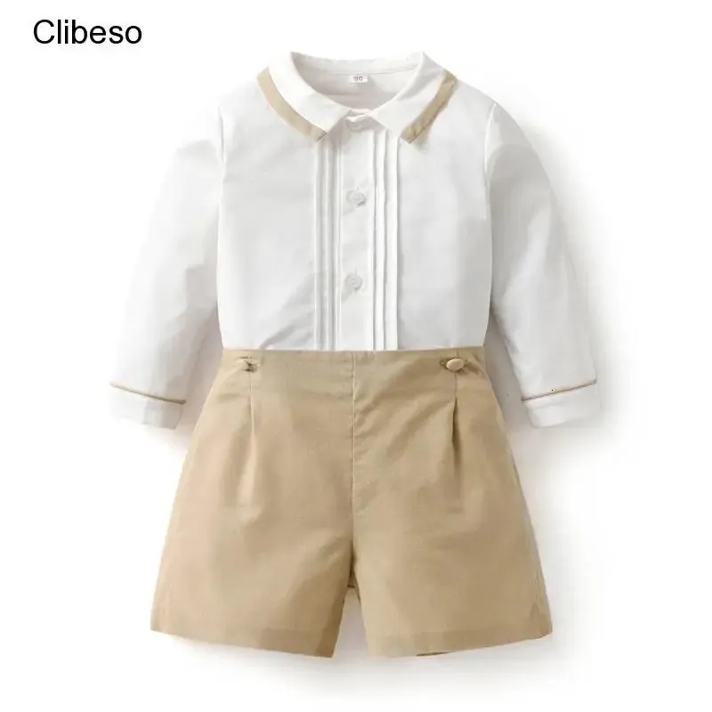 2024 Baby jongens Spaanse kledingsets voor jongen lange mouwpak katoen shirt shorts broek Kinderen verjaardagsfeestje kleding outfit 240403