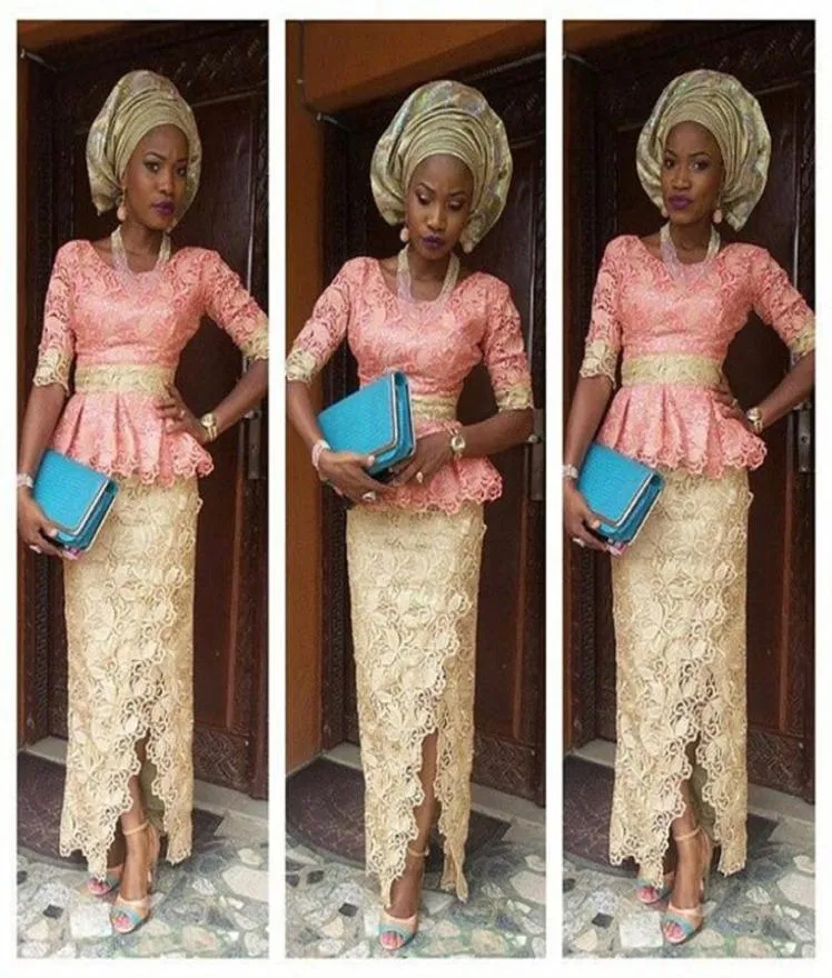 Aso Ebi Stil Prom Kleider Zwei Stücke Side Split Halbarm Rüschen Spitze Nigerianischen Abendkleider Meerjungfrau Afrikanische Formelle Kleidung7227044