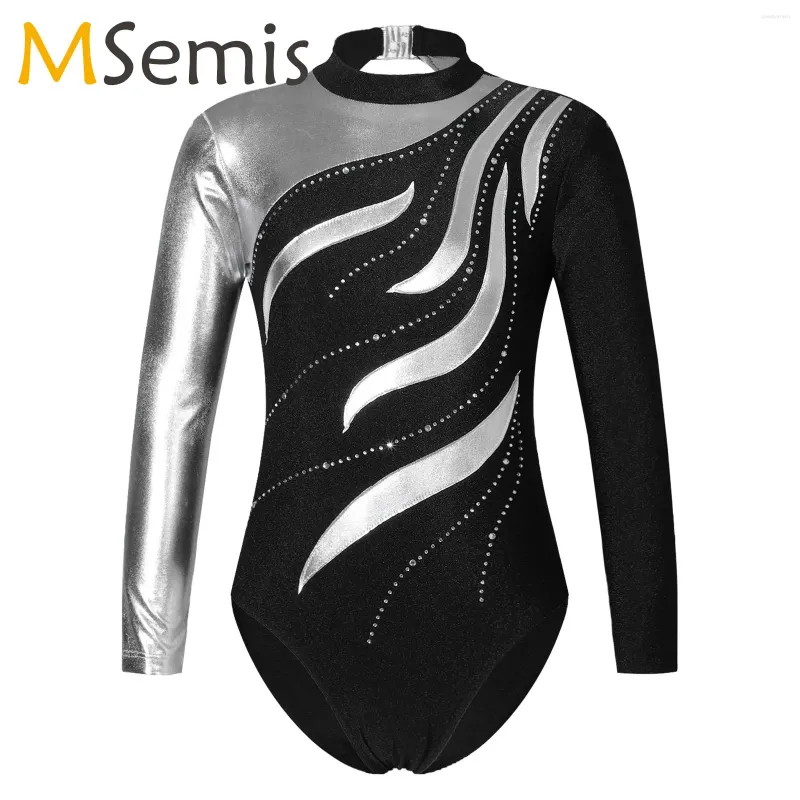 Scene Wear Gymnastics Leotard Girl Kid Long Sleeve Shiny Diamante Ballet Tutu Dance Skating Jumpsuit Gymnastic Bodysuit