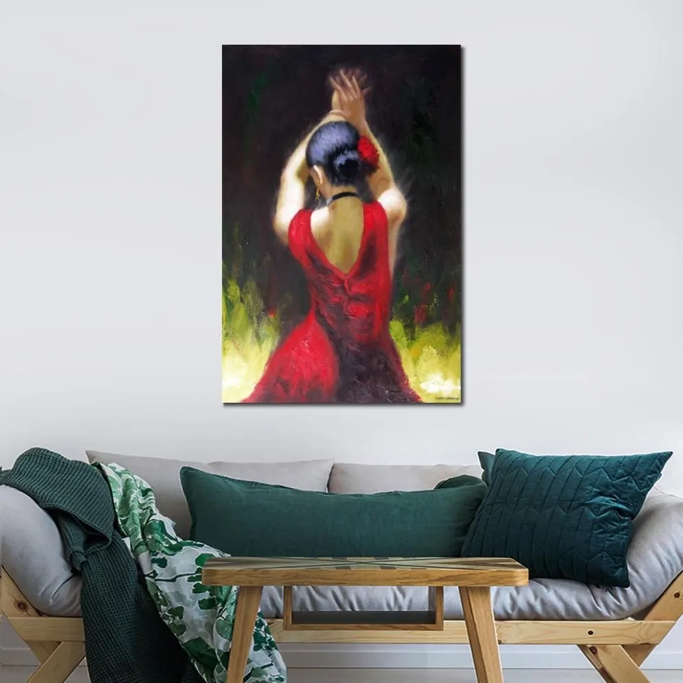 Figur Oilmålningar Flamenco Dancer In Red Dress Beautiful Woman Canvas Art For Badrum Dekoration Handmålad2695