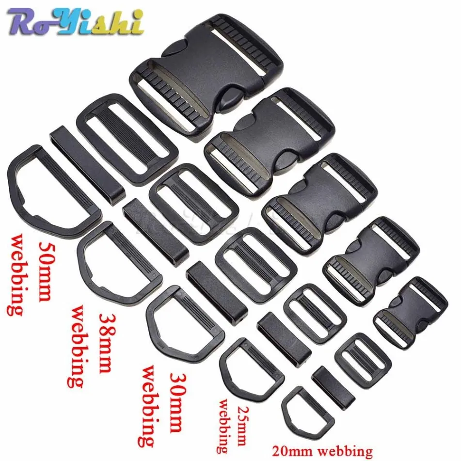 10 sets lot 20mm 25mm 30mm 38mm 50mm Plastic Slider Adjustable D Rings Belt Loop Curved Side Release Buckles For Paracord1837