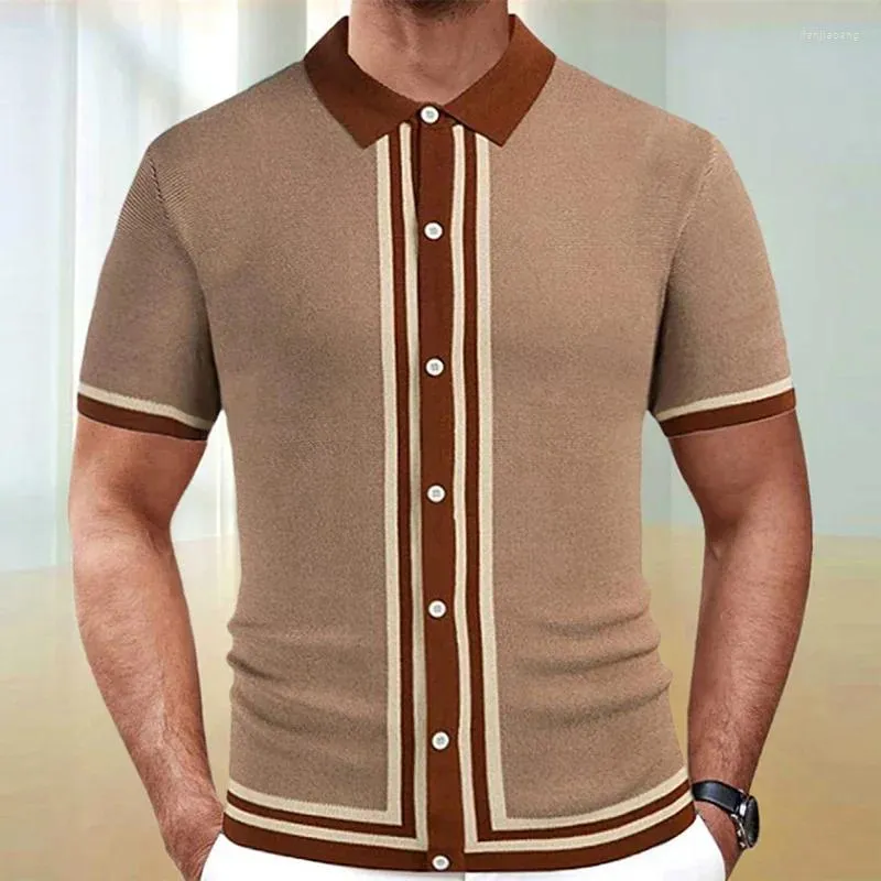 Mäns casual skjortor sommar lyxig stickad lapptäcke polo kort ärm knappa ner för män vintage affär smal polos stickkläder