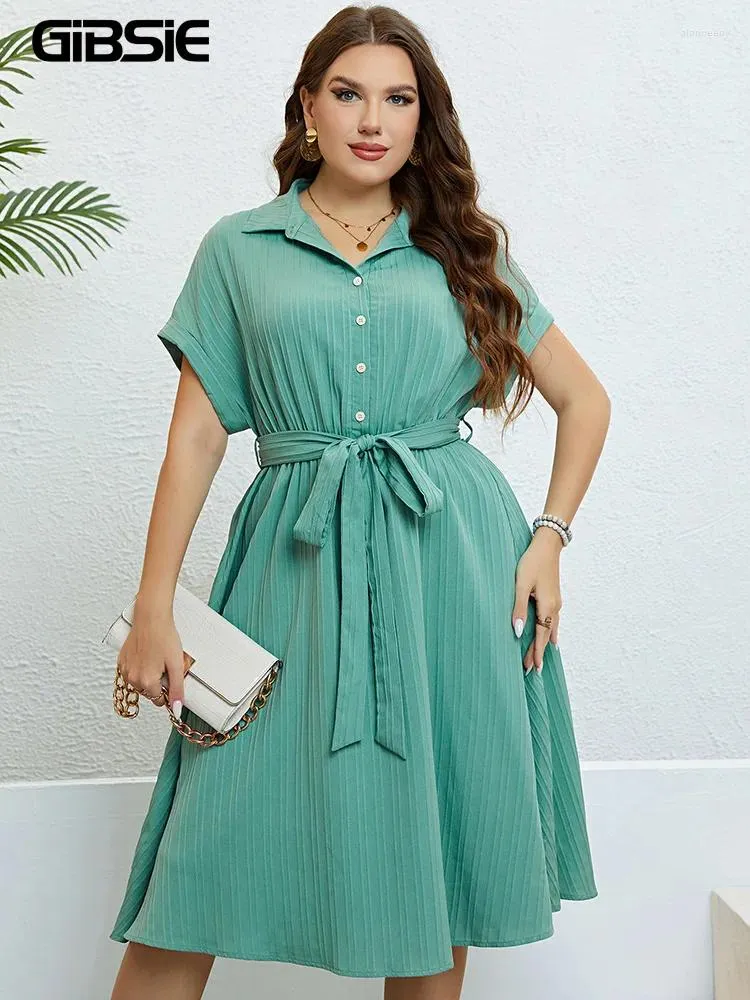 Plus Size Kleider GIBSIE Solide Halbknopf-Hemdkleid mit Gürtel Damenmode Sommer Kurzarm Damen Casual Midi A-Linie 2024