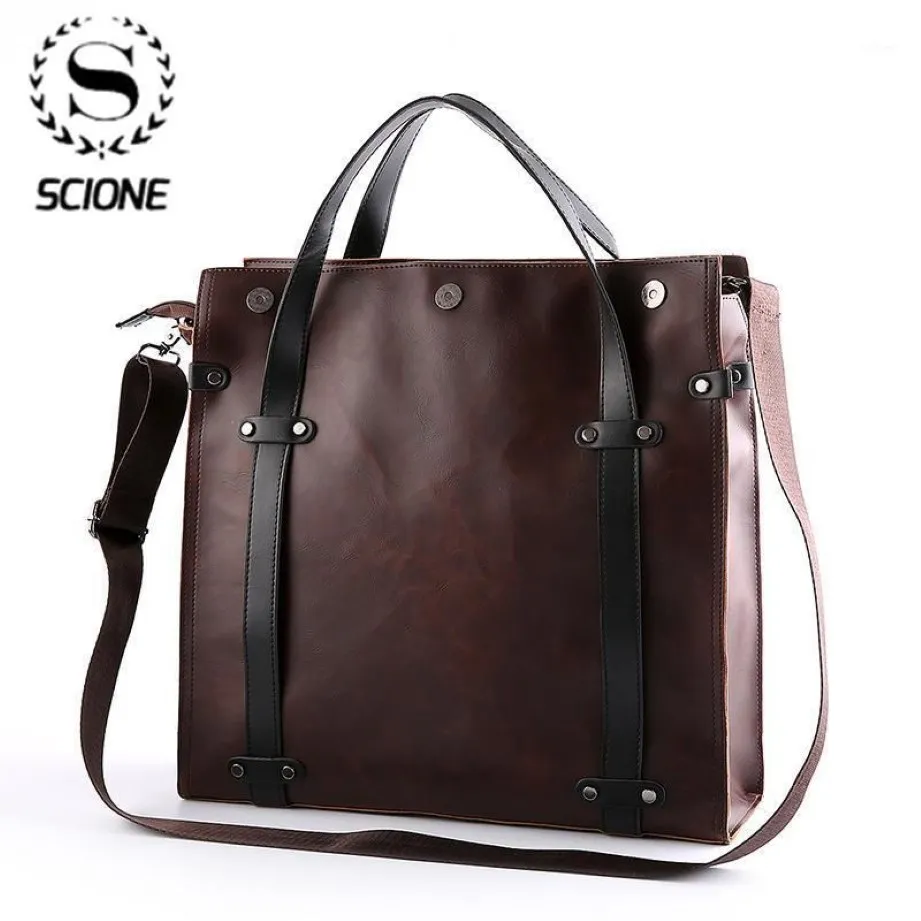 Scione herenaktentas Crazy horse PU lederen handtas Zakelijk kantoor Bestandstas Vintage Messenger Bags Casual werk Tote1273w