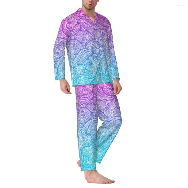 Мужская одежда для сна, мужские пижамы от розового до синего, ночной белый цветочный узор с узором пейсли, повседневный комплект из 2 предметов, домашний костюм оверсайз с длинными рукавами