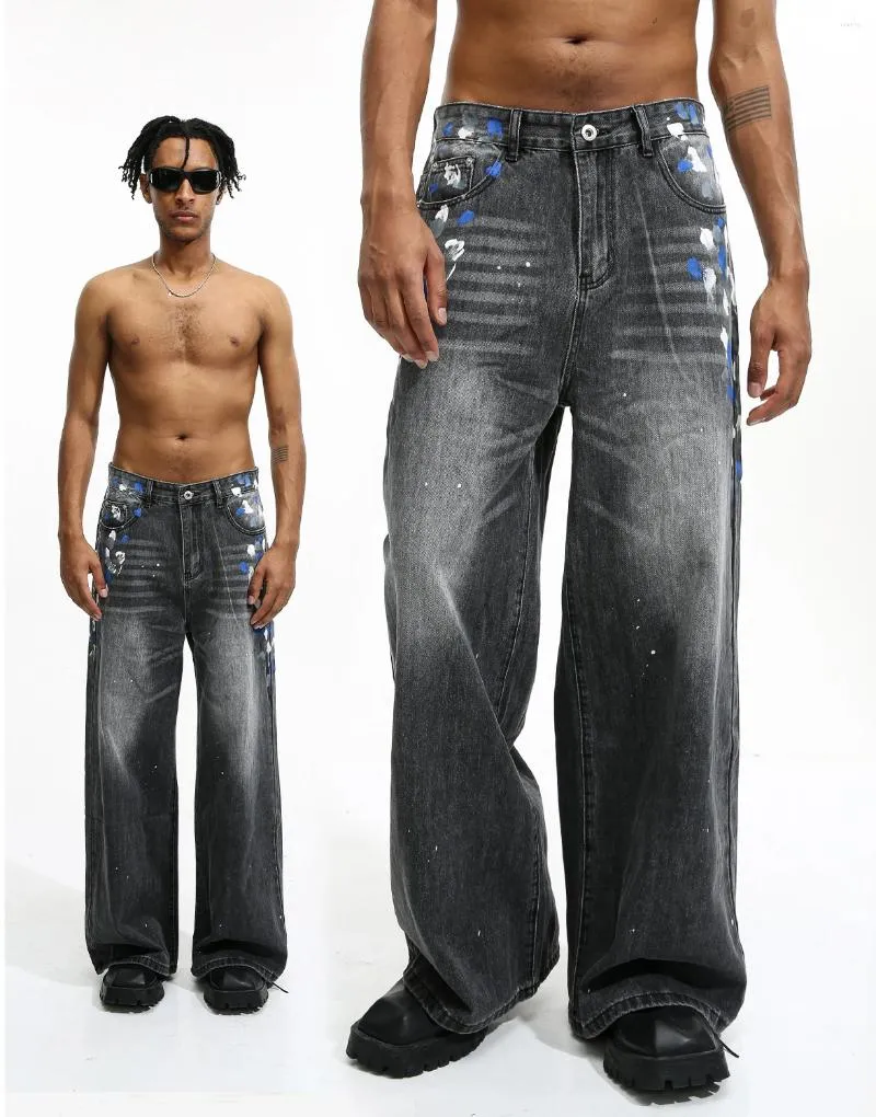 Men's Jeans 2024 National Trend Washed Distressed Straight Loose Casual Trousers Versatile Korean Style Wide Leg Pants