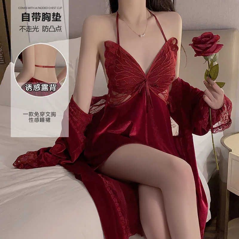 Guiruo Underwear Autumn and Winter Sexy Open Back Velvet with Chest Pads Pure Desire Sling Sleeping Dress Outer Robe Home Fury Set 4053