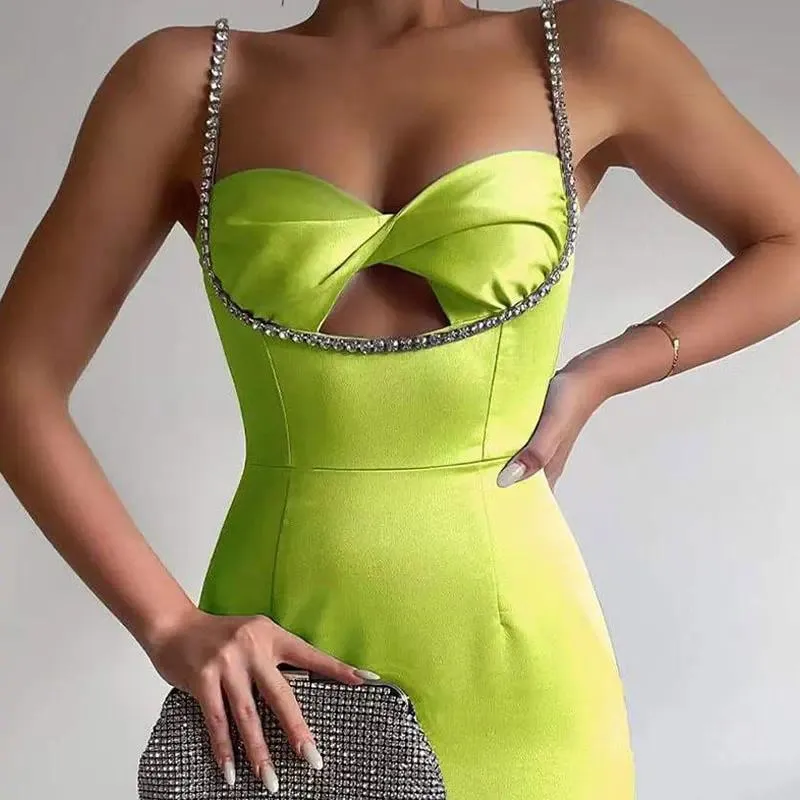 slim fit dress slacks Asymmetric Cut-Out Halterneck Midaxi Dress in Lime Green
