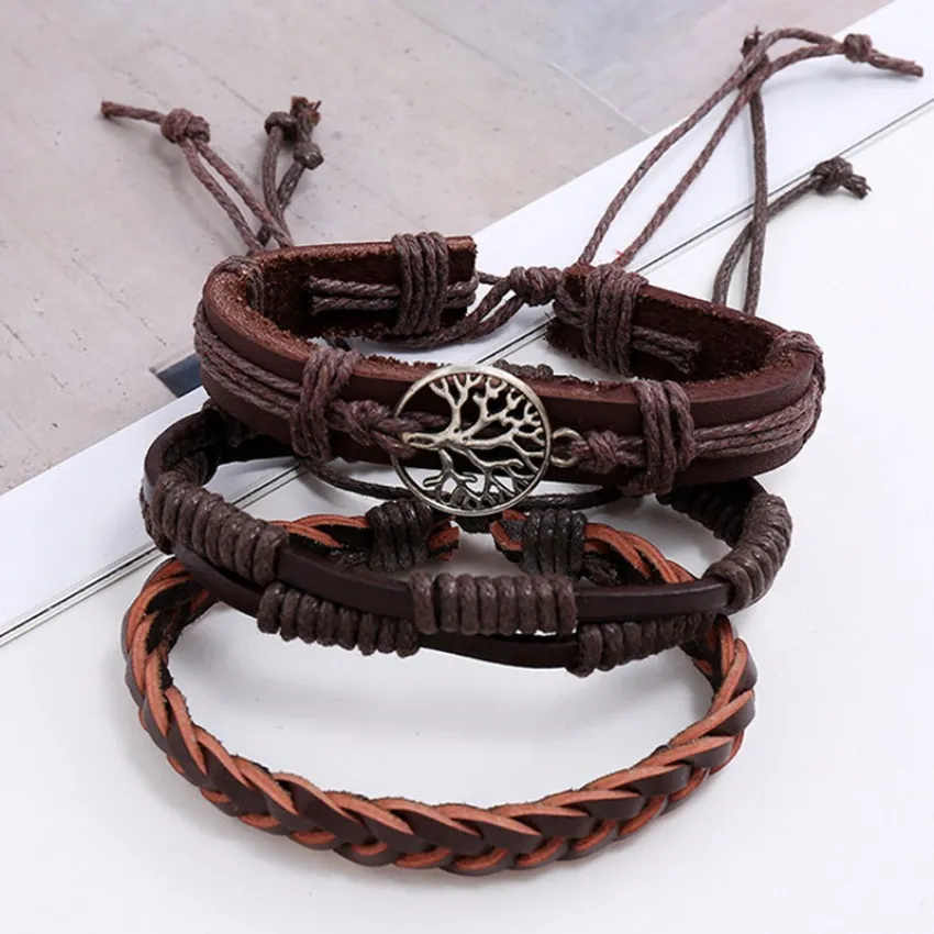 Set Braided Leather Bracelet Tree of Life Charm Vintage Cuff Bangle for ...