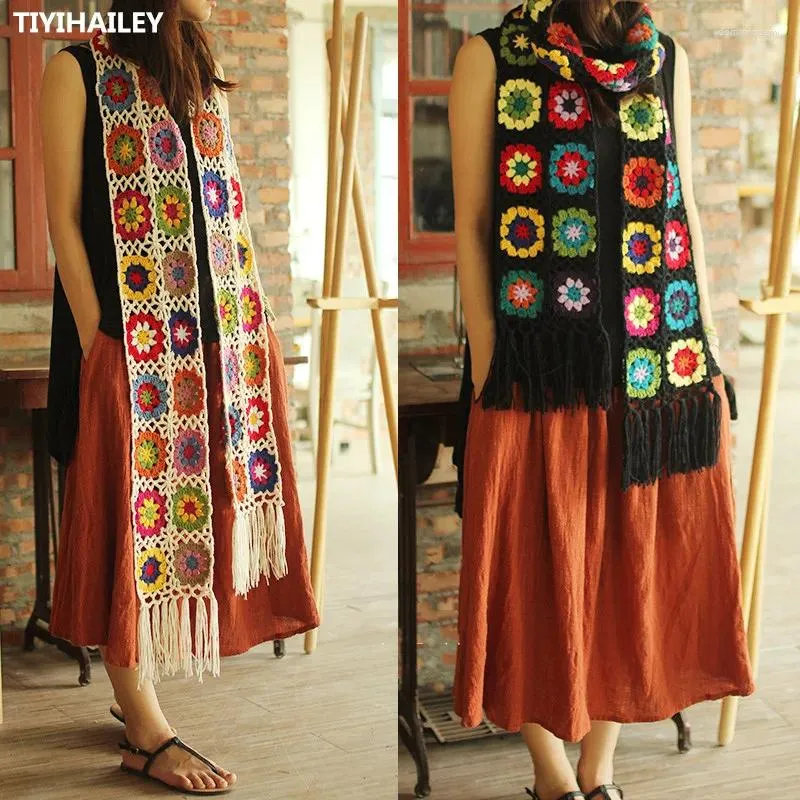 Scarves TIYIHAILEY Fashion Long All-match Scarf Winter Warm Colorful Hand Made Crochet Patchwork Knitting 190x20cm