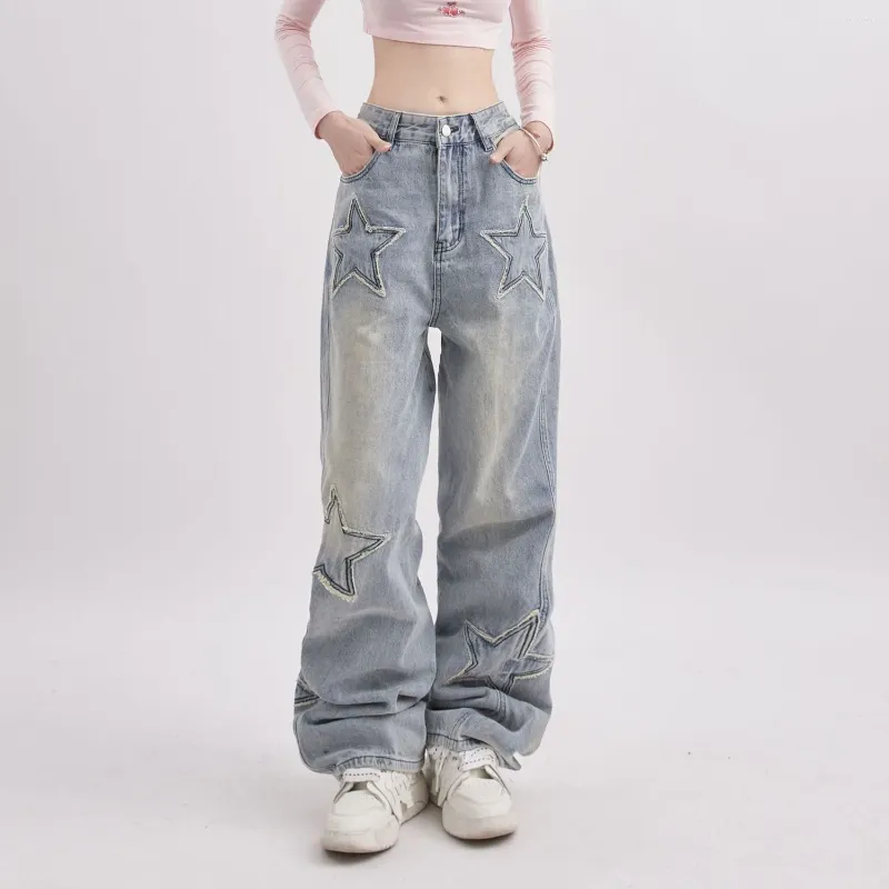 Jeans pour femmes High Street Jambe droite Large Pantalon décontracté 2024 Style Femmes Printemps et Automne Mode Tendance Star Sticker Design