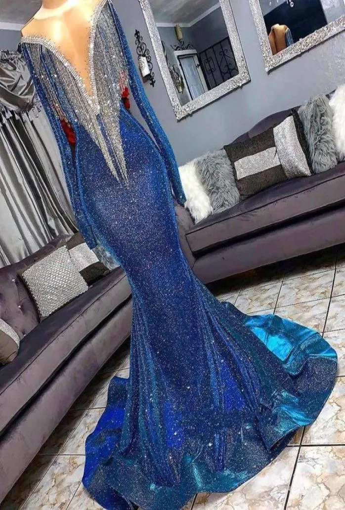 Royal Blue Sequined Prom Party Dresses With Shining Tassels Long Sleeevs Mermaid aftonklänningar 2K19 Formell klänning Custom Made9652409
