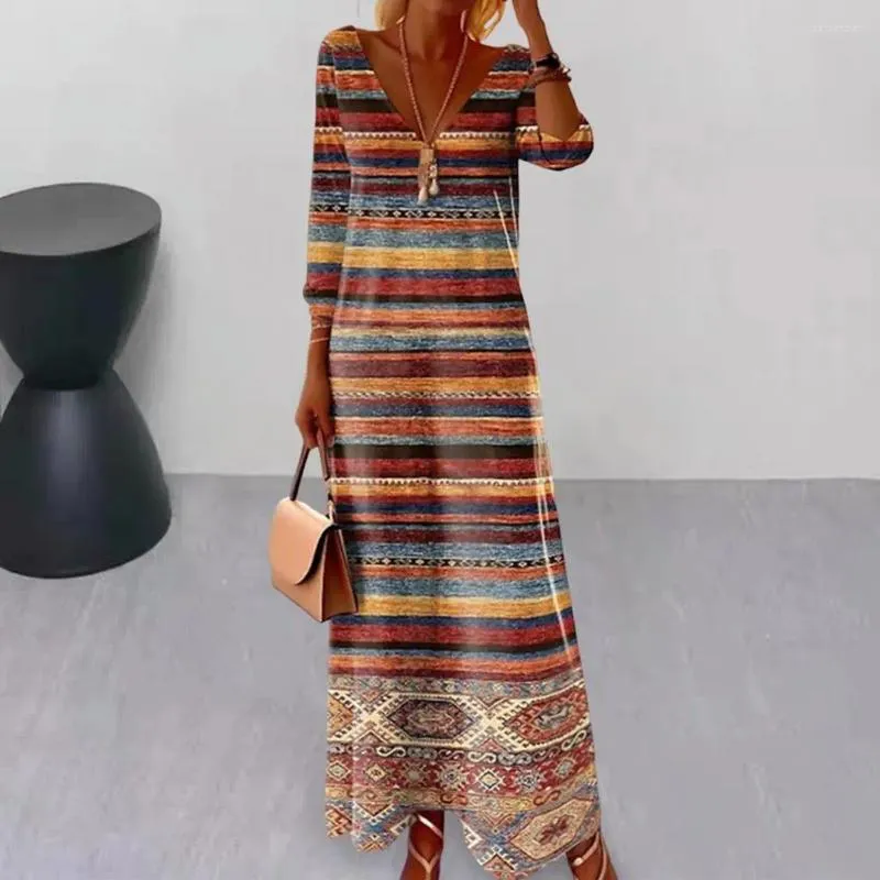 Casual Dresses Women Spring Dress Bohemian V Neck Maxi For Retro Ethnic Print Long Sleeve A-line randig Pullover Summer Style