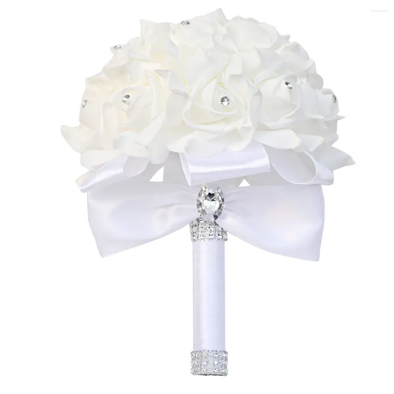 結婚式の花の装飾フォームローズブライダルブーケホワイトサテンロマンチックな花嫁の花嫁介添人を保持する