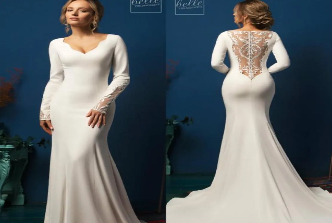 2020 Modest Mermaid Wedding Dresses Sweep Train Spets Satin V Neck Long Sleeve Brudklänningar Skräddarsydda Simple Country Wedding Dres8623909
