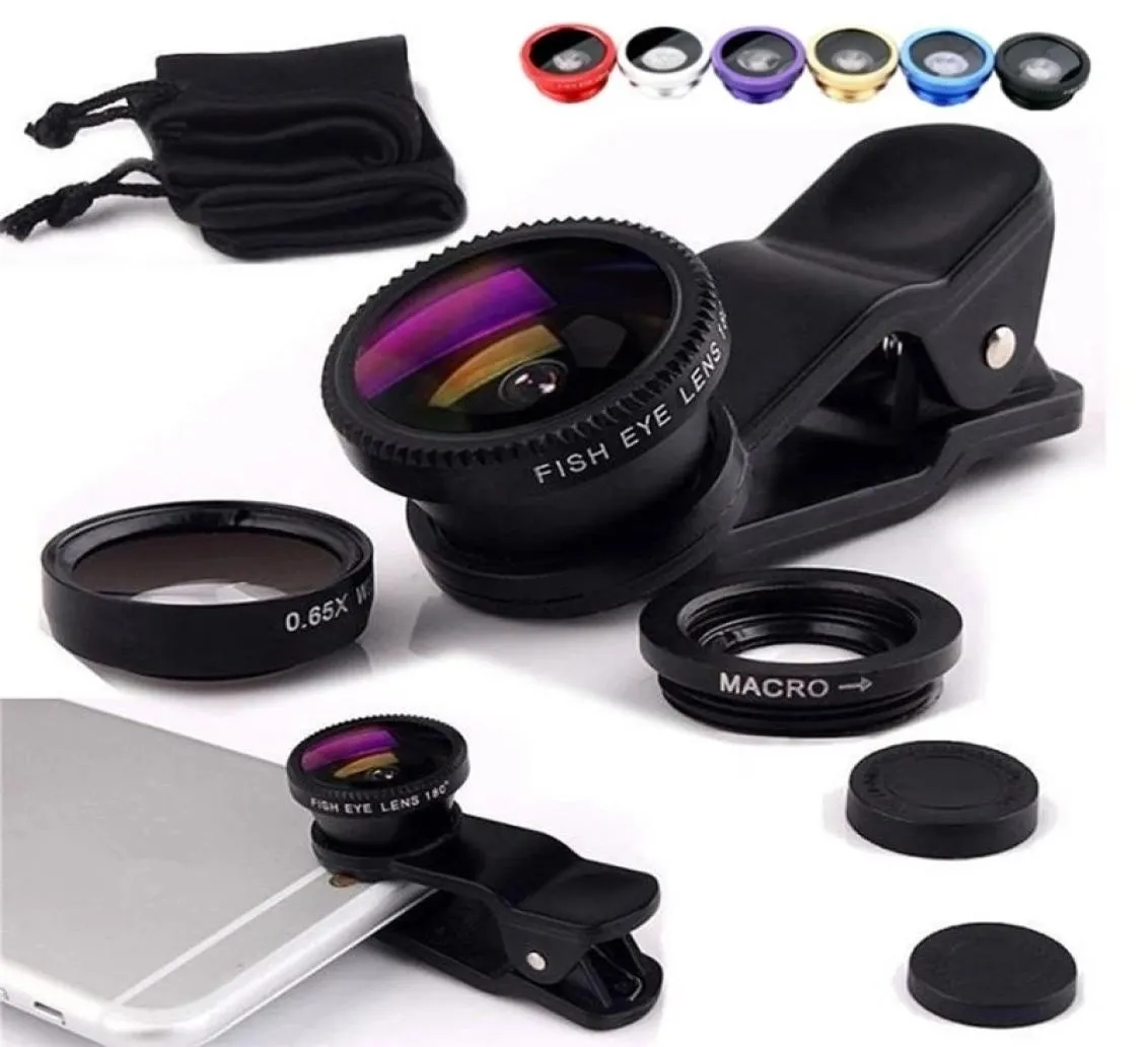 3 in 1 Fisheye Lens 금속 클립 iPhone Huawei Samsung Xiaomi5985437 용 Universal Widegle Micro Micro