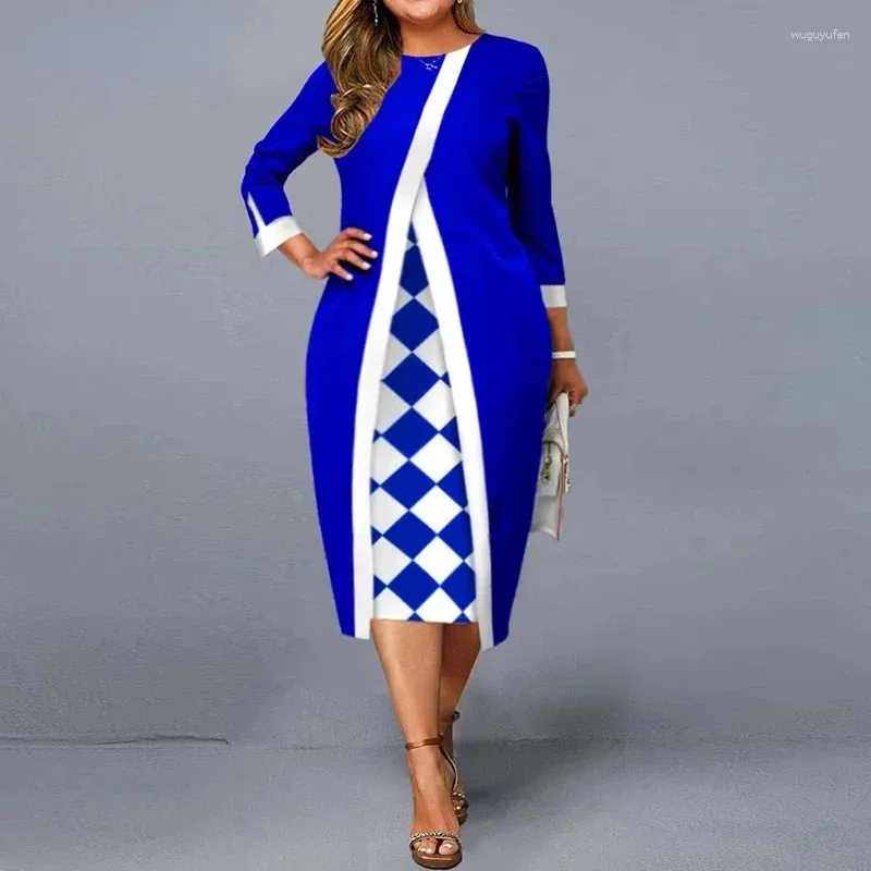 Ethnische Kleidung Rhombus Print Büro Damen Party Plus Size Kleider Mode Patchwork Langarm Sexy Elegante Paket Hüfte Midi Kleid Frauen