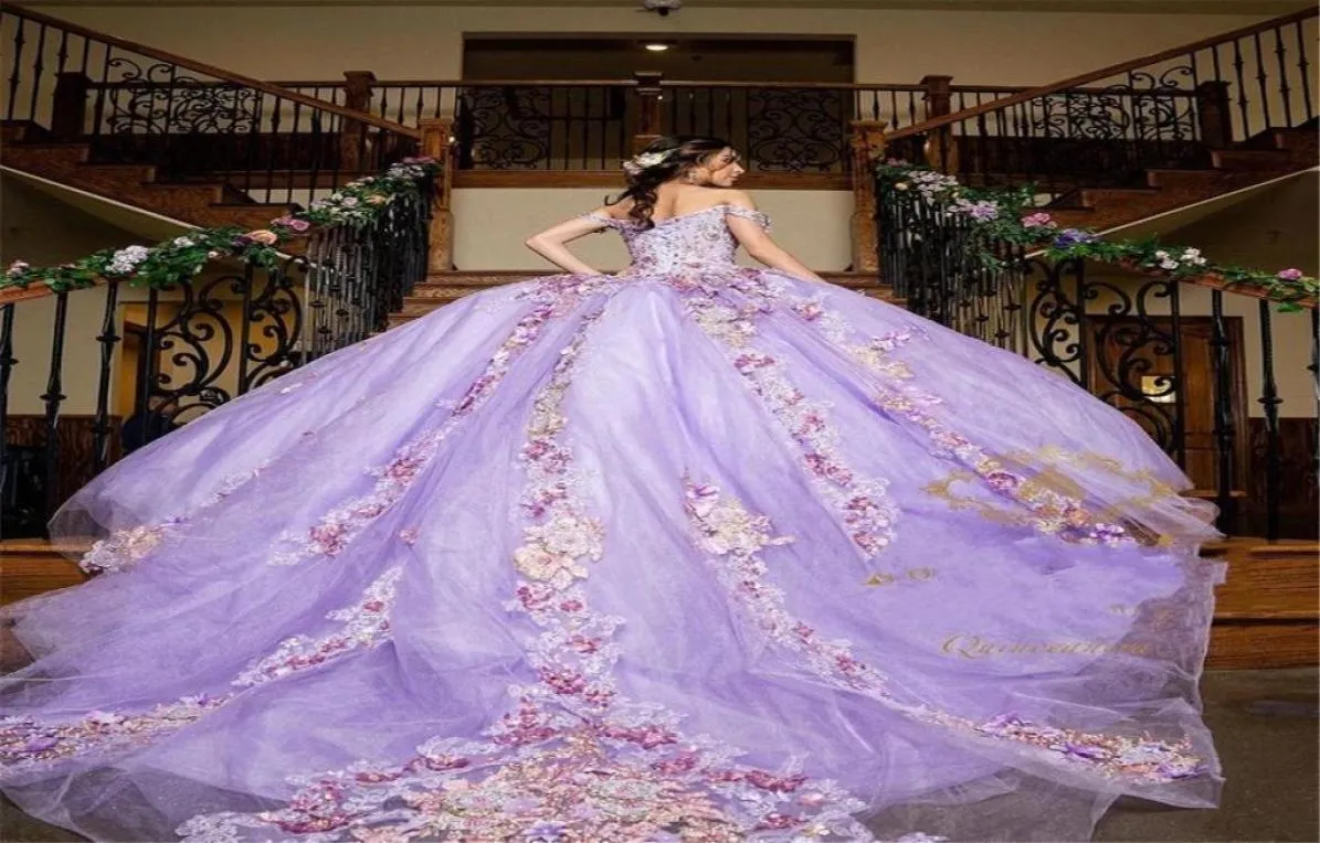 Lilas lavande Quinceanera robes 3D Floral Applique perlée sur l'épaule 2022 balayage train Tulle Satin sur mesure doux 15 165021782