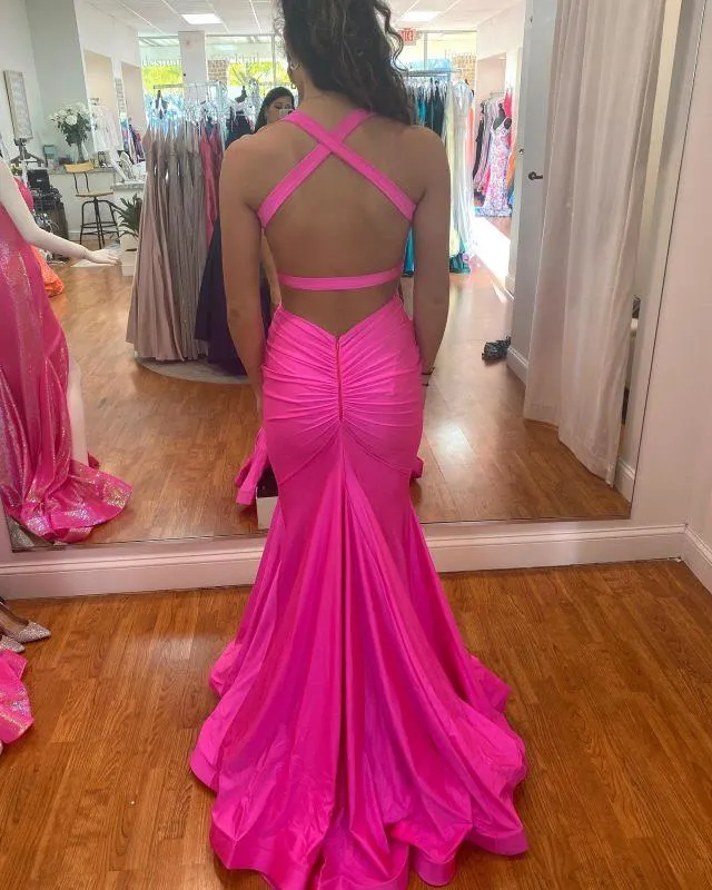 Fuchsia Mermaid Hot Evening Dress with V-Neck, Criss-Cross Backless Design, Pleats, and Ruffles - Perfect for Junior Graduation Parties and Special