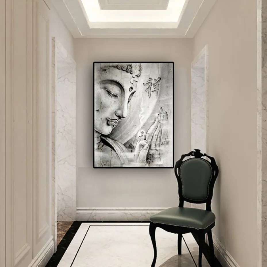 キャンバスポスターに抽象的な黒と白の禅宗教仏油の絵画とリビングルームのためのクアドロスウォールアート写真を印刷272x