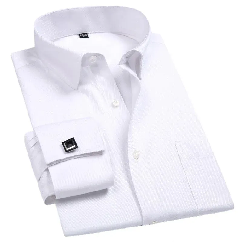 2024 Men French Cuff Dress Shirt Mufflinks White Long Sleeve Casual Buttons Mane Märke Skjortor Regelbundet Fit kläder 240305