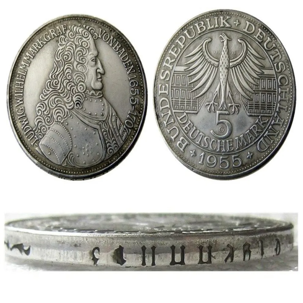 DE12 Deutschland Federal Republic 5 Mark 1955 G Handwerk versilberte Kopie Münzmetallstärte Fertigungsfabrik 206i