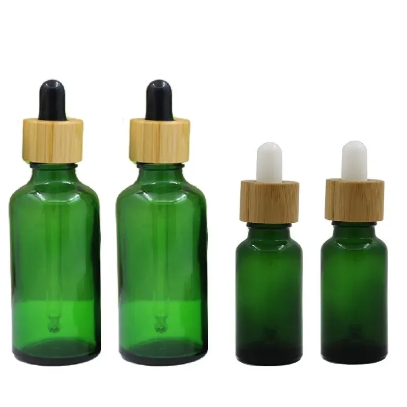 Clear Green Glass Dropper Bottle Bamboo Woode Lid 5ml 10ml 15ml 20ml 30ml 50ml 100ml Cosmetic Packaging Refillable Container Empty Essential Oil Vials