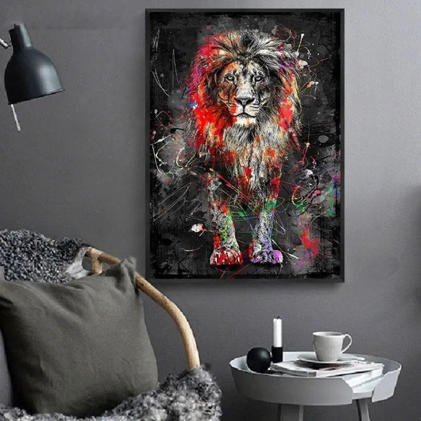 Färgglada lejon graffiti canvas målning abstrakt djurväggkonst affischer och tryck cuadros dekorativa bilder för hemdesign2948