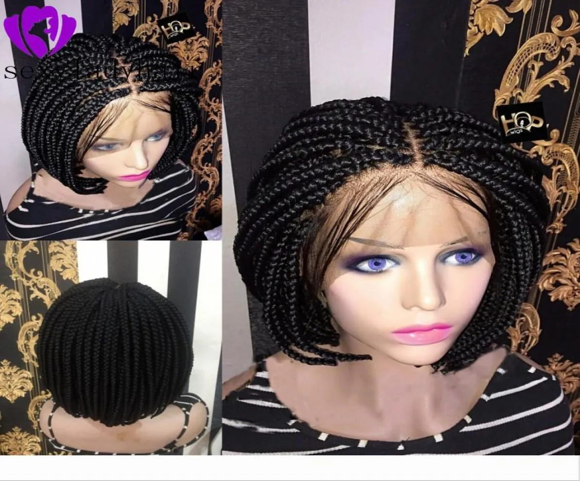 Mittlerer Teil, afrikanischer Frauen-Stil, kurzer Bob, geflochtene Box-Zöpfe, Perücke, Hitze-Kunstfaser-Haar, gehäkelt, kurze Spitze-Front-Perücke mit Baby h4432437