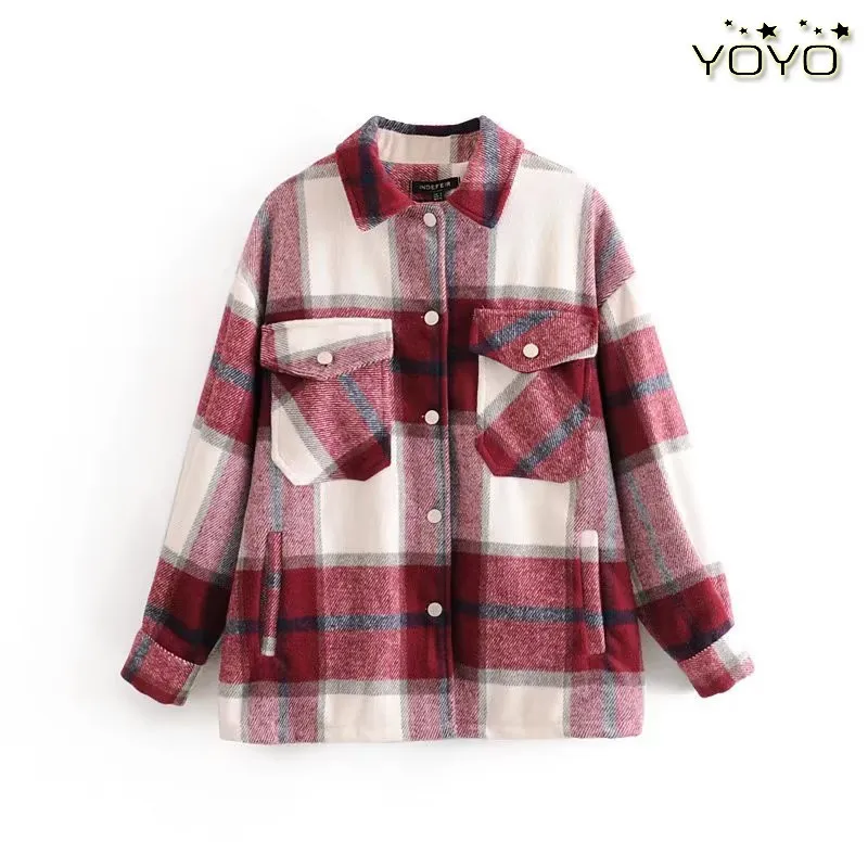 Yoyo 유럽 및 미국 스타일의 대외 무역 여성 의류 New 2023 세련된 캐주얼 격자 무늬 셔츠 소프트 모직 재킷 210513