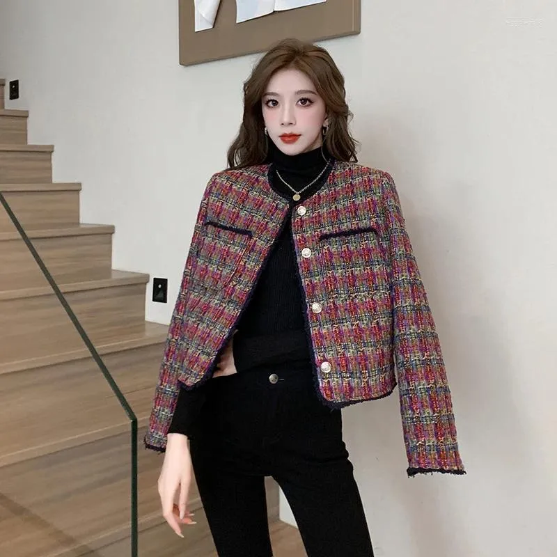 Chaquetas de mujer Diseñador Moda Mujeres O Cuello Solo Pecho Abrigo de lana Vintage Otoño Invierno Plaid Borla Tejido Corto Chaqueta Francesa Tops