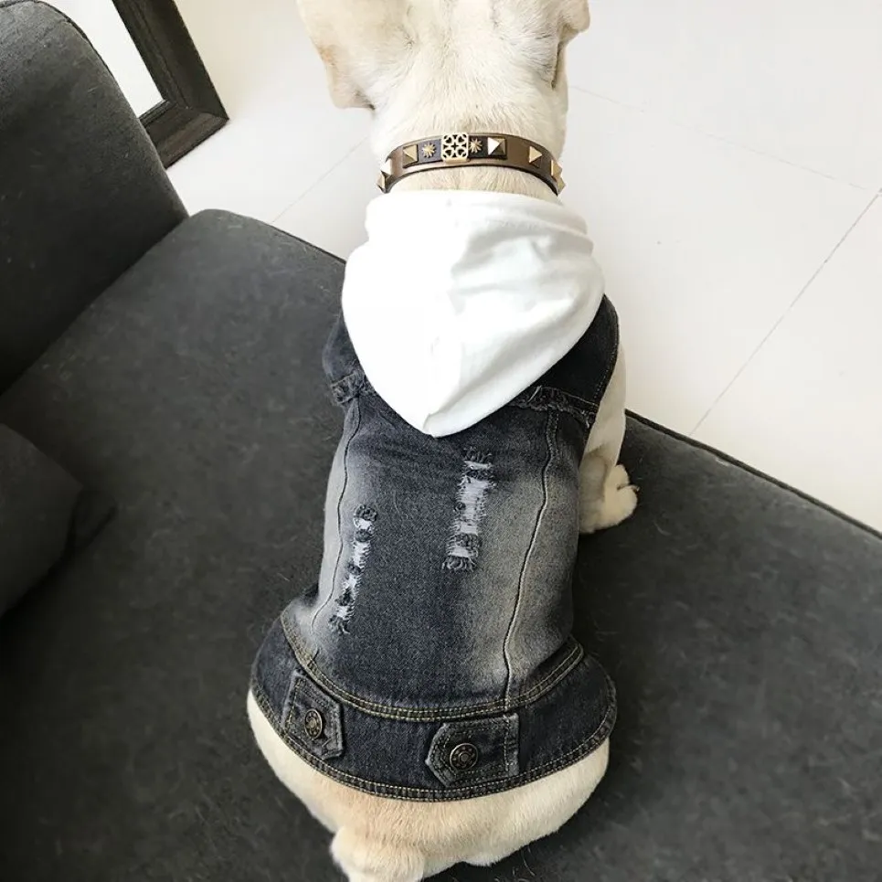 Hundkläder för små hundar franska bulldog denimjacka chihuahua jeans rock huva väst för mops katt husdjur dräkt s-4xl t2007102343