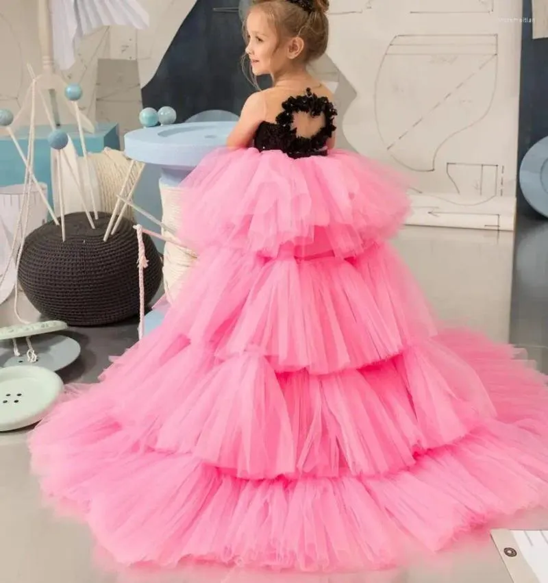 Robes bouffantes pour filles, Style haut-bas, à fleurs, paillettes noires, jupe à plusieurs niveaux, col transparent, robe de fête d'anniversaire pour bébés et adolescents