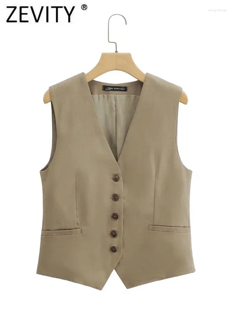 Women's Jackets Zevity Women Fashion V Neck Sleeveless Single Breasted Linen Vest Jacket Office Ladies Casual Slim WaistCoat Tops CT1642