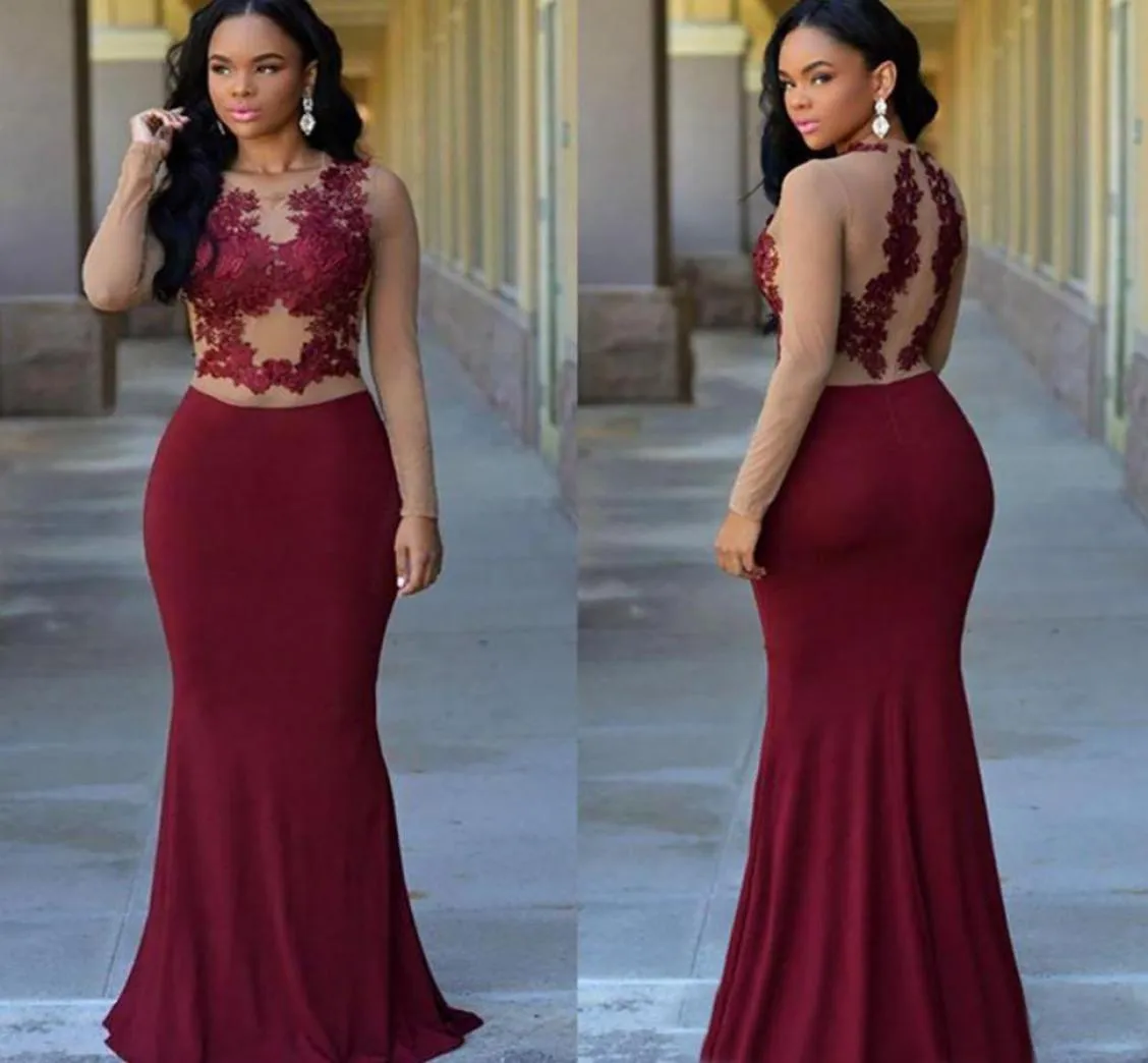 New Graduation Dresses Long Sleeves Burgundy Formal Evening Dresses Jewel Appliques Mermaid Modest Arabic Prom Party For Woman1185884