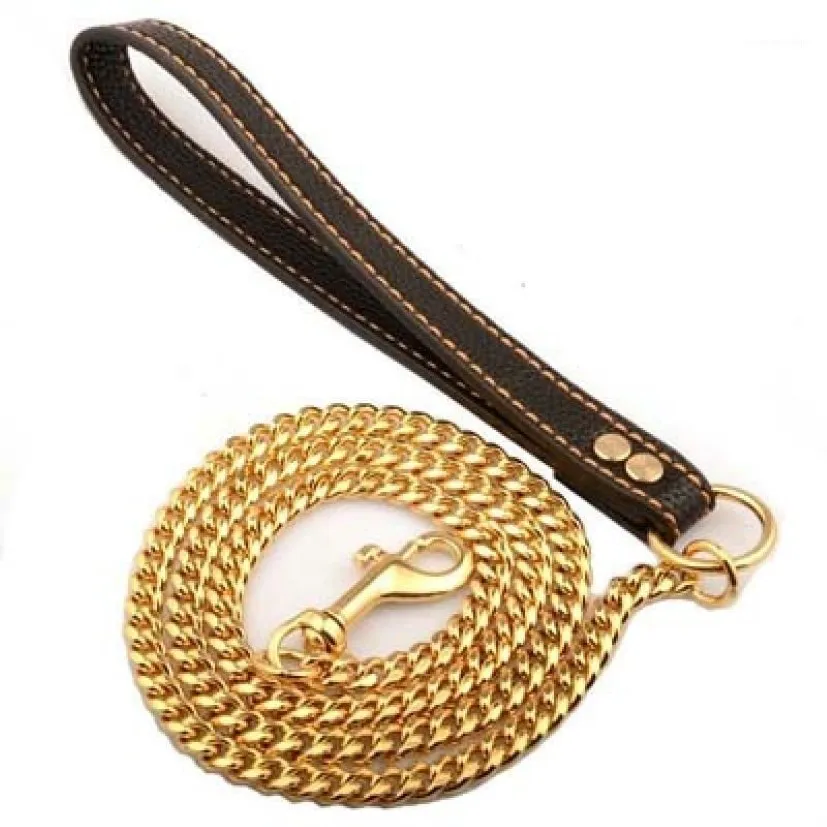 Collares para perros Correas Cadena de oro de 10 mm Suministros para mascotas Mango de cuero Correa portátil para cachorros Correas de cuerda para perros medianos y grandes 1262l