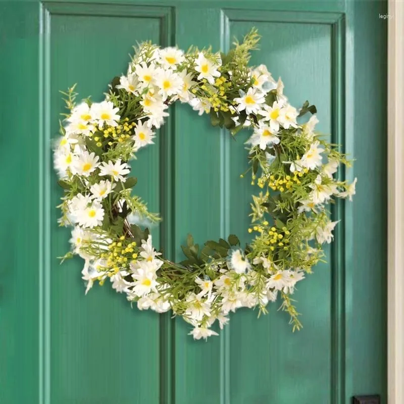 Couronne de fleurs décoratives artificielles, marguerites de printemps, pour mur de porte d'entrée, décorations de maison pour fête de mariage, décors de feuilles vertes