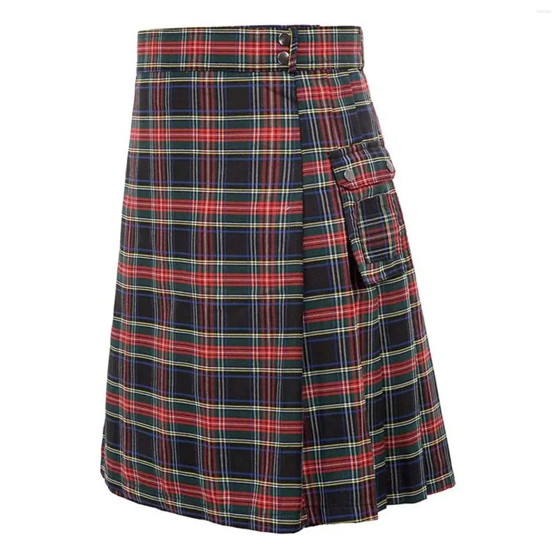 Men's Pants Pleated Skirt Fashion Scottish Style Plaid Contrast Color Skirts With Pocket Thin Streetwear For Man Vintage Ropa Hombre