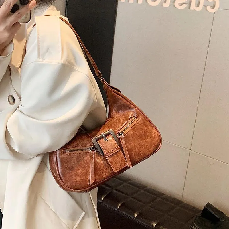 Vintage Half-Moon Shoulder Bag - Retro PU Leather Handbag