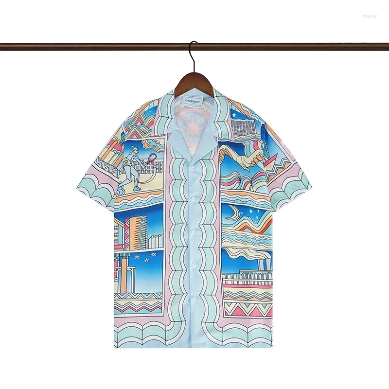 Mäns casual skjortor 23SS Summer Set High Quality Blue Printed Short Sleeve Men Shirt Hawaiian