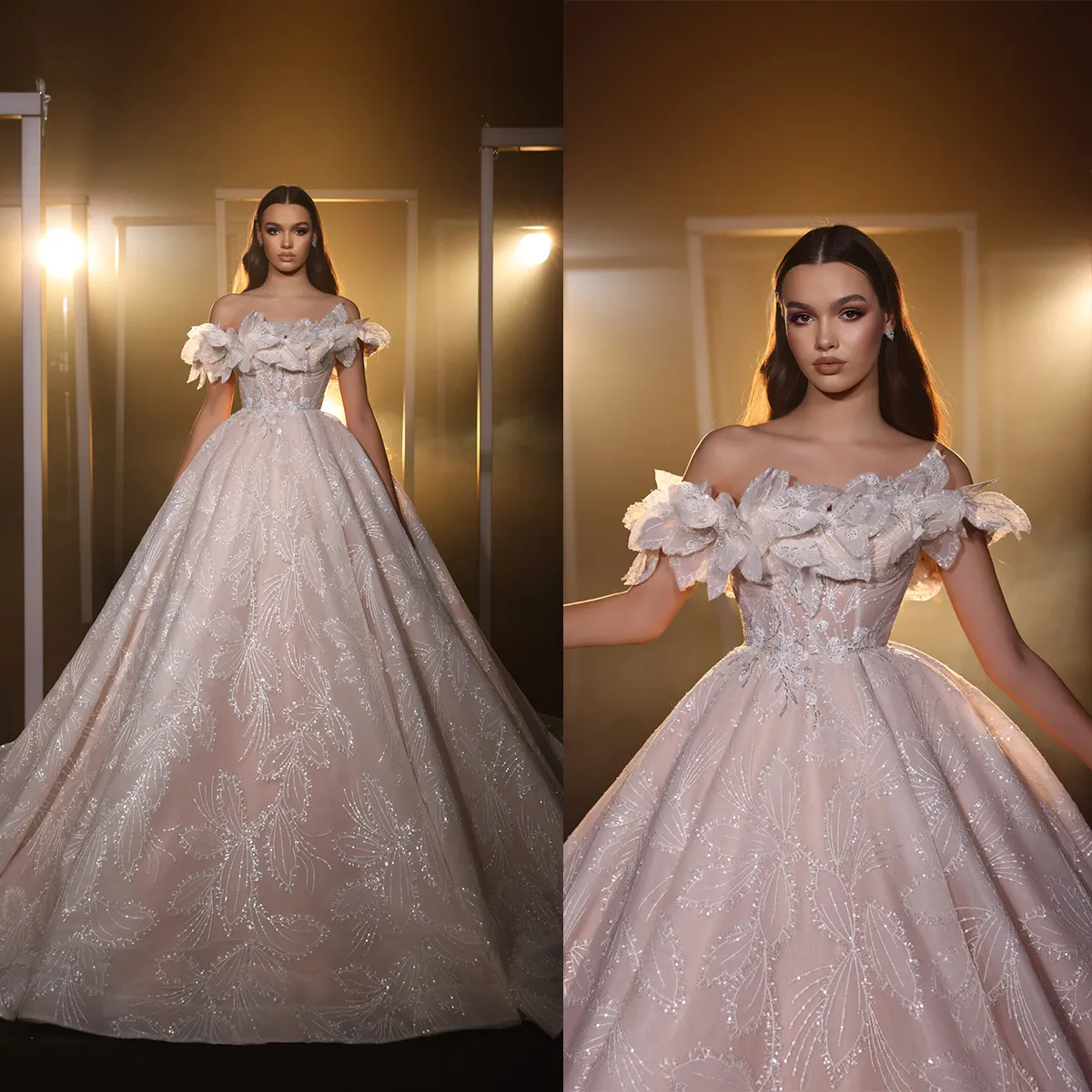 Модное женское свадебное платье трапециевидной формы с открытыми плечами, свадебные платья без рукавов с 3D-цветочными аппликациями и блестками, платье со шлейфом на заказ, свадебные платья de novia