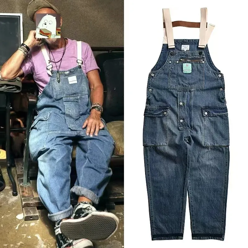 2023 roupas masculinas chique denim macacão trabalho carga calças velha escola fácil trabalhador multi-bolso babador macacão denim